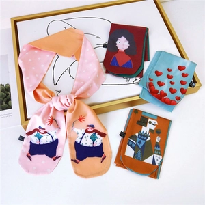 Artistic silk scarfs with cartoon illustrations and polka dots in various colors