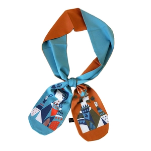 Fashionable double-sided polyester silk scarf with cartoon poker characters in blue and orange
