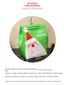 Detail of Christmas gift bag with Santa illustration and 25x18.5x11cm size measurements
