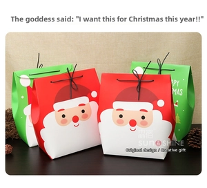 Detail of Christmas gift bags featuring cartoon Santa and gold foil Happy Christmas text