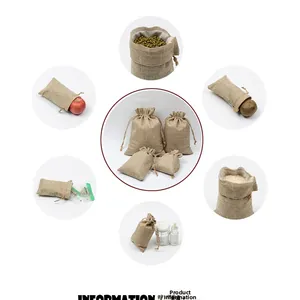 Detailed view of various sizes of natural jute drawstring bags for versatile storage use