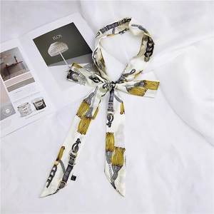 Detailed flat lay of a narrow skinny scarf featuring vintage belt and tassel prints
