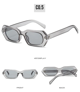 Detailed views of grey polygon sunglasses with metallic rivets and transparent frames