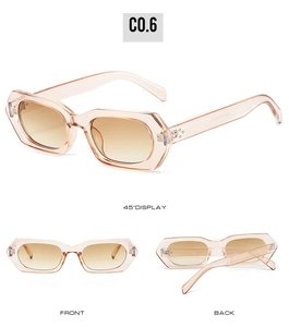 Detailed views of polygon jelly orange sunglasses with gradient lenses and rivet accents
