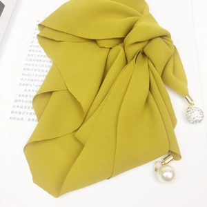 Bright yellow chiffon scarf tie with crystal ball and pearl charms for women