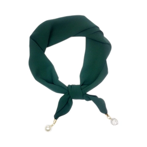 Elegant dark green chiffon scarf with decorative pearl and crystal ball pendants