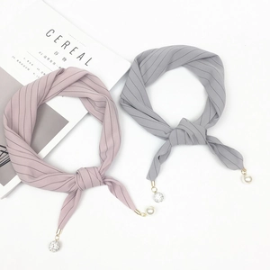Elegant Striped Narrow Satin Scarf With Faux Artificial Pearl And Rhinestone Pendant For Women Lightweight Versatile Neckerchief