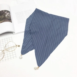 Navy blue silk scarf with white stripes and elegant pearl pendant detail for women