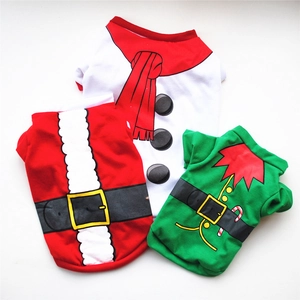 Detailed flat lay of three Christmas pet t-shirts featuring Santa, Snowman, and Elf designs