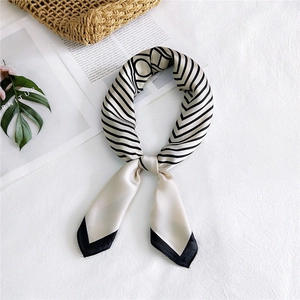Elegant black and white striped small square silk scarf with geometric ring patterns