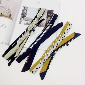 Rhinestone Satin Narrow Scarf Elegant Geometric Striped Print Twilly For Women Fashion Necktie Hair Band