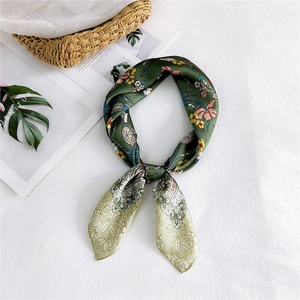 Elegant floral silk square scarf in dark green silk satin for autumn and winter accessories