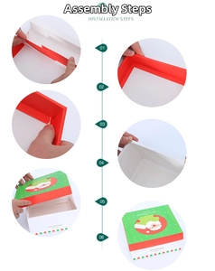 Step-by-step assembly guide for a foldable Christmas gift box with Santa Claus print