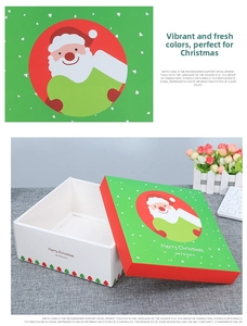 Detail of square Christmas gift box featuring Santa Claus print and Merry Christmas text