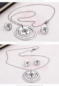 Detailed view of gold tree of life necklace and earrings with custom name engravings