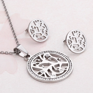 Parure de bijoux en acier titane argenté avec collier arbre de vie et boucles d'oreilles