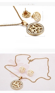 Détails de la parure arbre de vie plaquée or 18K avec collier et boucles d'oreilles
