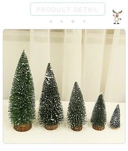 Detailed set of five mini frosted Christmas trees with snow effect and wooden bases