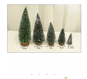 Size chart showing five mini flocked cedar trees from 10cm to 30cm with wooden bases
