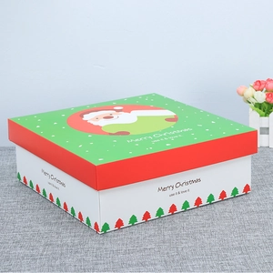 Square Christmas gift box with Santa Claus illustration and festive red green tree patterns