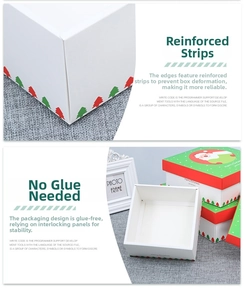 Detail of Christmas gift box showing glue-free assembly and Santa Claus pattern