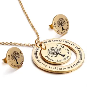 Tree Of Life Stainless Steel Necklace And Earrings With Quote Design Family Tree Pattern Elegant Jewelry For Women