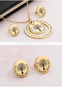 Detail of custom gold tree of life necklace and earrings set with four personalized names