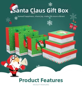 Detail of Christmas gift bags and boxes with Santa Claus patterns and green silk handles