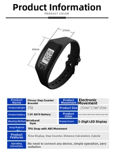 Detail view of sport pedometer watch dimensions 45mm by 27mm with LED display and TPU strap