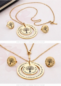 Detailed macro view of golden stainless steel tree of life pendant with custom engraving