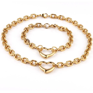 Polished Stainless Steel Heart Pendant Necklace And Bracelet For Women Gold Tone Fashion Jewelry Accessories Gift
