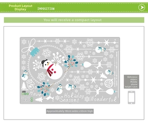 Christmas snowman wall sticker sheet showing snowflakes and reindeer on a 90x60cm layout