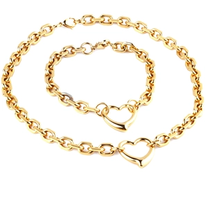 Detailed shot of gold-plated chunky chain necklace and bracelet with heart pendants