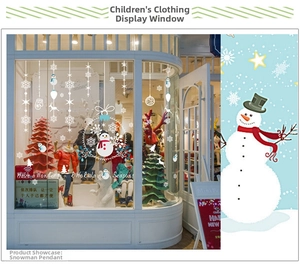 Detail of Christmas snowman and snowflake window clings with holiday greetings on glass