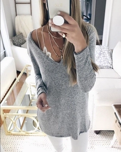 Detailed view of women's gray deep V-neck knit sweater showing marl texture and slim sleeves
