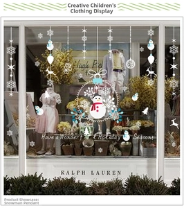 Macro detail of Christmas window decals featuring snowmen and snowflakes for holiday decor