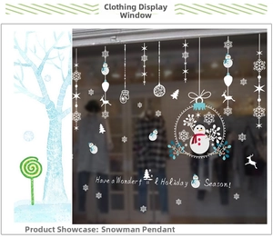 Detail of Christmas window stickers featuring snowman, snowflakes and festive hanging ornaments