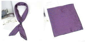 Détail d'un foulard en soie rayé multicolore avec boucle en cuir élégante et texture lisse