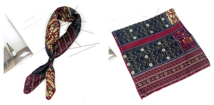 Détail d'un carré de soie vintage aux motifs floraux et cachemire avec bordure