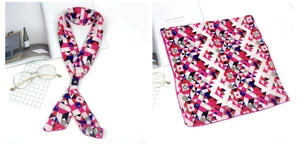 Détail d'un foulard en soie avec des motifs géométriques rouges et bleu marine élégants