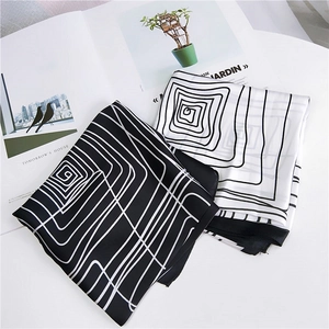 Elegant 70x70 silk-feel square scarf with modern black and white geometric spiral lines