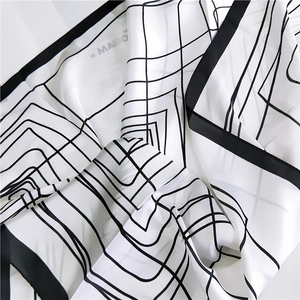 Modern minimalist 70cm silk square scarf with elegant black geometric lines on white