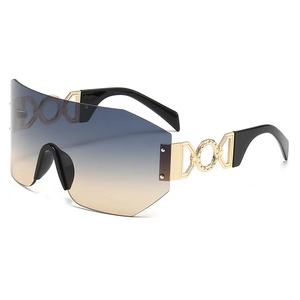 Modern rimless sports sunglasses with blue-yellow gradient lenses and golden hardware
