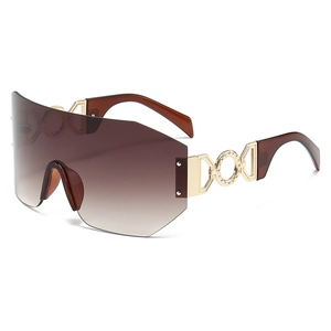 Fashionable oversized frameless cycling sunglasses with gradient brown lenses and gold temples