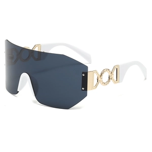Fashionable rimless sports sunglasses with dark grey lenses and gold ornate white temples