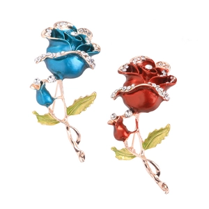 Sparkling crystal rose brooches with enamel petals in red and blue colors