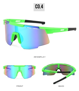 Détails de lunettes de cyclisme vert néon montrant les vues de face, arrière et 45 degrés