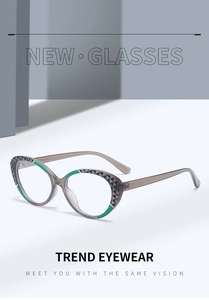 Close-up of cat-eye TR90 frames with geometric patterns and green line accents