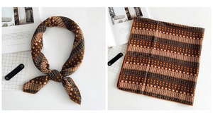 Close-up of retro geometric print square scarf with warm brown and blue silk texture detail