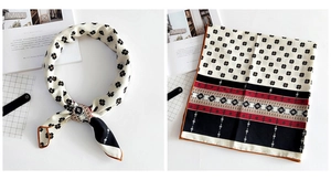 Detail of vintage square linen scarf with geometric cross patterns and premium hemmed edges